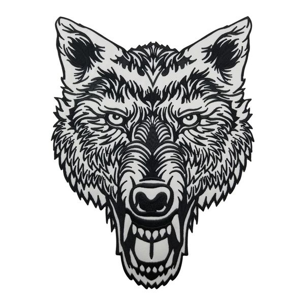 Tatuagem de cabeça de lobo solitário enorme remendo bordado reflexivo aplique de motoqueiro nas costas costurado em crachás de 12 polegadas de altura 275 g