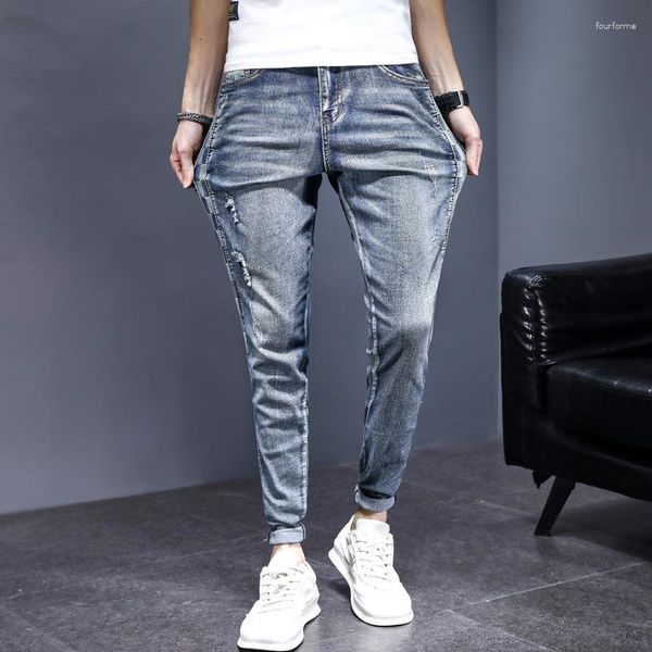 Erkekler kot ince streç sıradan dikiş iş Koreli moda düz gevşek elastik denim pantolon