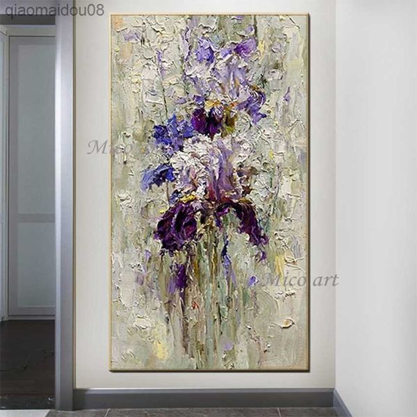 Dipinto a mano fiore viola pittura a olio dipinto a mano fiore di glicine tela pittura artista moderno decorazione della casa arte della parete L230704