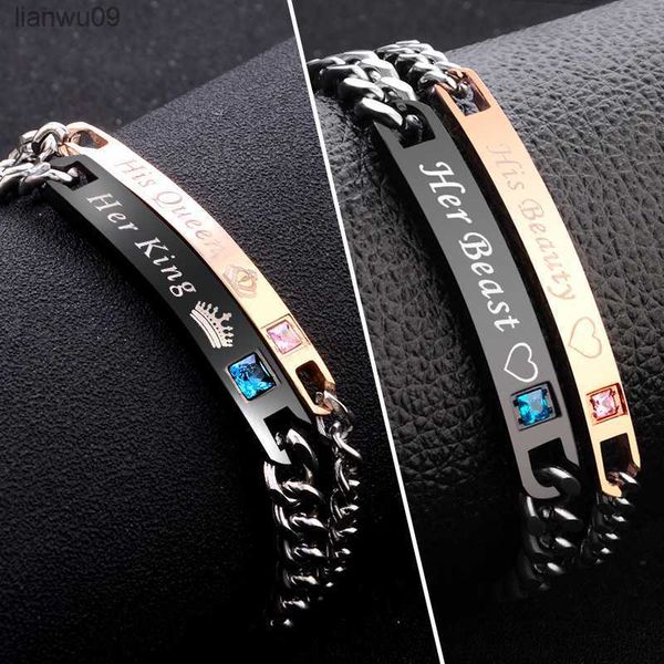 2 Style His Queen Her King Black Rose Gold Color Catena maschile da donna Bracciale coppia in cristallo per uomo Femmo sui gioielli delle mani L230704