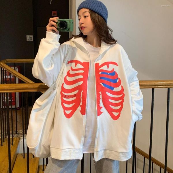 Jaquetas femininas Y2k Skeleton Hoodies Feminino Preto Zip Up Sweatshirts Feminino Retro Harajuku Jaqueta com Capuz Masculino Streetwear Casal Top