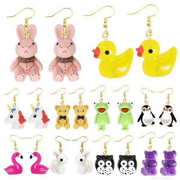 Brincos de charme para senhoras, resina, engraçado, personalizado, bonito, brinco de presente para meninas, animais, sapo, coelho, coruja, filhote, goma, flamingo