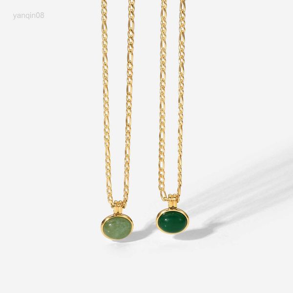 Anhänger-Halsketten Minar Retro grüne Farbe Jade Naturstein Anhänger Halsketten für Frauen 14K vergoldeter Edelstahl Ovale Chokerhalskette Geschenk HKD230712