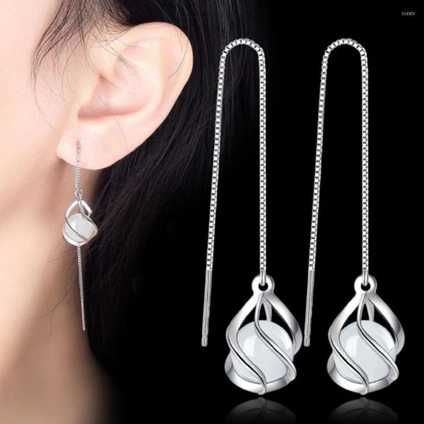 Baumelnde Ohrringe Mode Frauen 925 Sterling Silber Ohrringe Opal Anhänger Tropfen Schmuck Geometrische Lange Ohrring