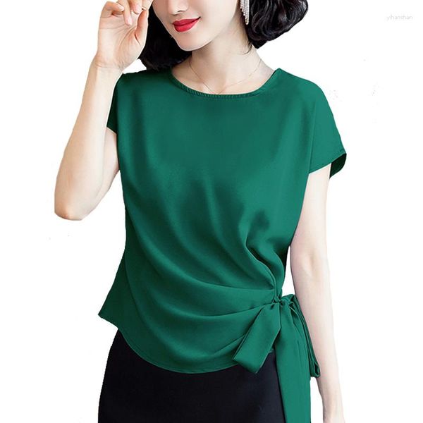 Frauen Blusen M-4XL Koreanische Mode Seide Satin Schwarz Hemd Kurzarm Frauen Bluse Einfarbig Spitze Up Sommer Tops