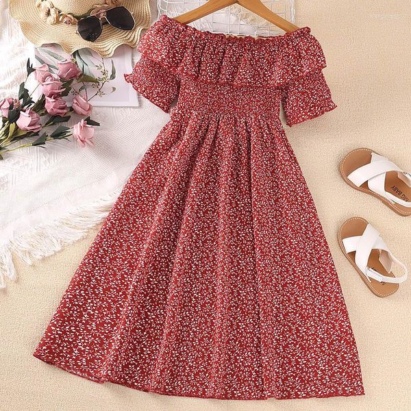 Vestidos para meninas de 7 a 14 anos, vestidos de verão para meninas, com estampa completa, pequena flor, ombro de fora, princesa, para crianças, festas, roupas personalizadas