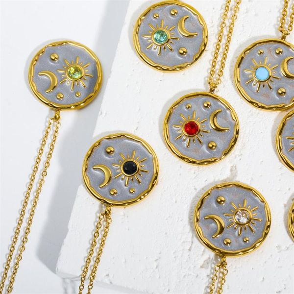 Anhänger Halsketten Vintage Sonne Mond Stern Geburtsstein Halskette für Frauen Mode rund 12 Monate Geburtstag baumeln Schmuck Geschenk