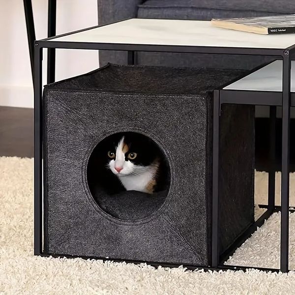 Cama destacável para gatos Cama para animais de estimação Gatos fofos Caverna Saco de dormir com zíper em forma de pano de feltro Cesta de ninho para animais de estimação