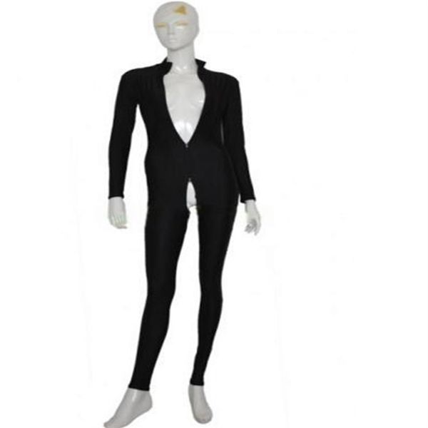 Spandex Lycra Unisex Seksi Siyah Zentai Catsuit İkinci Cilt Bodysuit ön fermuarlı ve kasık zipper215y