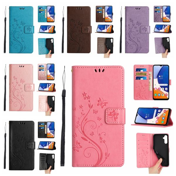 Цветочная бабочка кожаные кошельки для iPhone 15 Pro Max Plus Samsung S23 Fe A25 M54 M14 5G Google Pixel 8 Floral Fashion Luxury Flip Cover Card Plot Plot Holder Pouch