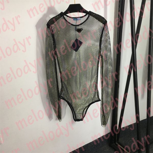 İçi boş rhinestone tulumlar tees kadınlar seksi bodysuit metal üçgen parlak uzun kollu örgü romper bodysuits