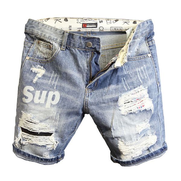 Jeans masculinos verão luz azul rasgado gato bigode remendo carta impressão magro denim shorts adolescentes meninos e meninas cowboy calças curtas