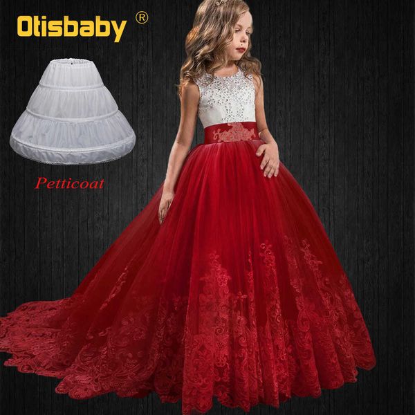 Vestidos para meninas Crianças Vestidos vermelhos elegantes para meninas Vestido de noiva de cauda longa Fofo Vestido de primeira comunhão Vestido de noite longo sem mangas de rendaHKD230712