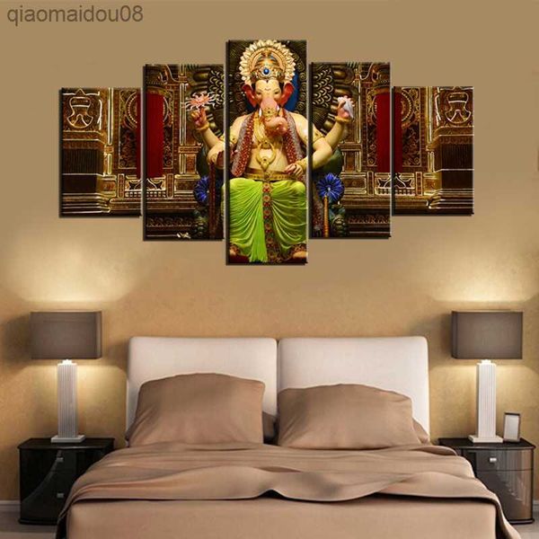 Rahmenlose Poster und Drucke, Wandkunst, Leinwand, Malerei, Wanddekoration, 5 Stück, indischer Gott Ganesha, Bilder für Wohnzimmerwand, L230704