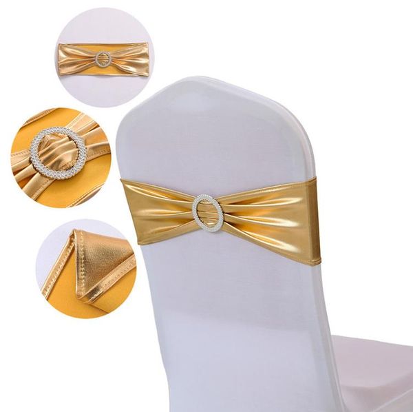 Faixa de laço para cadeira de elastano dourada metálica com fivela redonda para evento de banquete para cadeira de casamento com gravata SN825