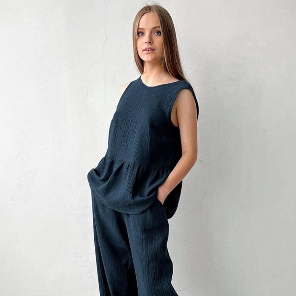 Calça feminina de duas peças verão sem mangas pijama de algodão conjunto solto moda casa camisola feminina cor sólida regata fina 2023