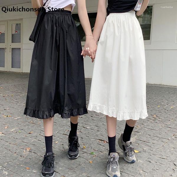 Röcke Sommer Frauen Weiß Schwarz Japanischer Stil Weiches Mädchen Ästhetische Hohe Taille A-Linie Kawaii Rüschensaum Rüschen Langer Midirock