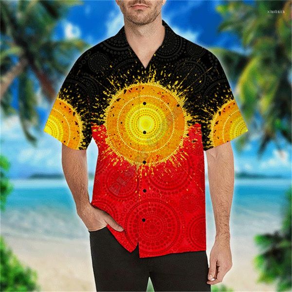 Camisas casuais masculinas bandeira aborígine pintura sol indígena arte praia camisa Havaí verão 3d impresso homens para mulheres moda