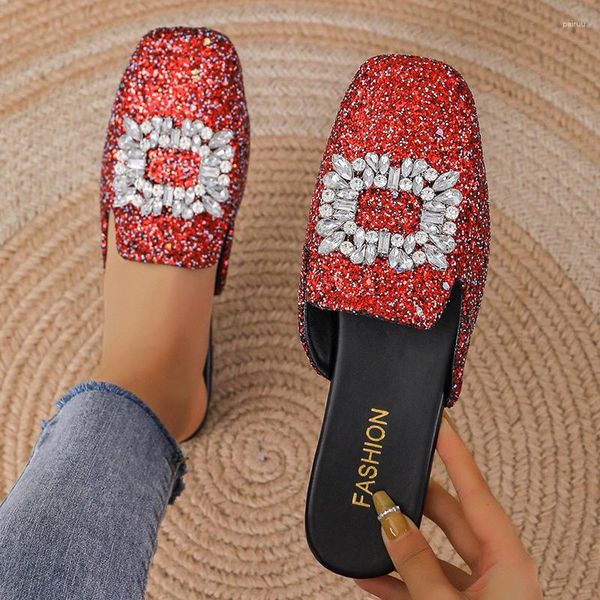 Chinelos Bling Crystal Flats Women Mules Shoes 2023 Sandals Summer Designer Slingback Chinelos Casual Slides