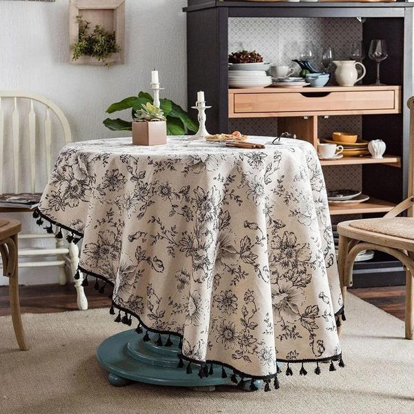 Toalha de mesa de linho de algodão circular preto borla peônia floral à prova de poeira capa de mesa redonda para decoração de mesa de jantar de cozinha