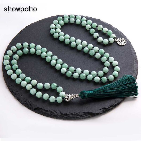 Anhänger Halsketten 8 mm burmesische Jade geknotete Perlen Mala Halskette Meditation Yoga Segen Glück tibetischer Schmuck 108 Japamala Rosenkranz Quaste Anhänger HKD230712