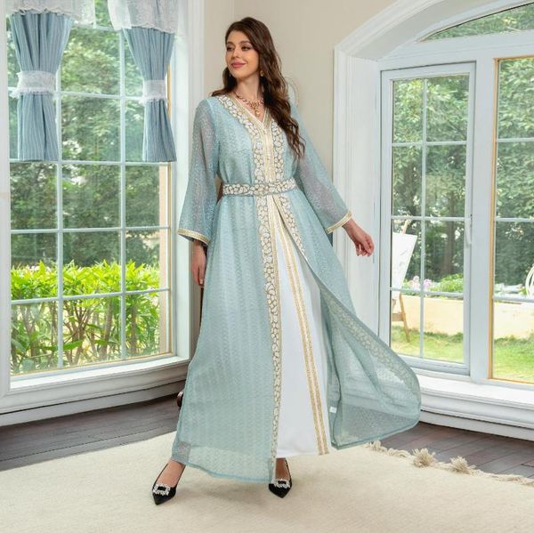 Abbigliamento etnico 2023 Donna Eid Splendidi abiti da sera da festa Abito arabo orientale Caftano Dubai Maglia Ricamo Pizzo Nastro dorato Abaya