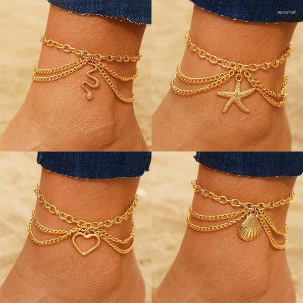 Cavigliere Boemia Colore oro Catena a forma di serpente Set di cavigliere per le donne Sexy Stella marina Cuore Nappa Gamba a piedi Gioielli regalo da spiaggia