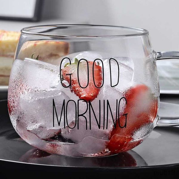 Tassen Kreative Glaskaffee-Milchbecher Große Kapazität mit Griff Transparentes Glas Guten Morgen Frühstückstasse Cocktailbecher Kaffeetasse R230712
