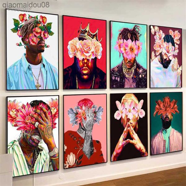 Berühmte Rapper Star Portrait und Blumen Leinwand Malerei Hip Hop Sänger abstrakte Kunst Poster Drucke Cuadros Wand Kunst Home Decor L230704