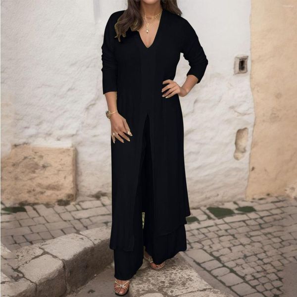 Pantaloni a due pezzi da donna Casual Taglie forti Completi da donna da ufficio Abiti da donna con scollo a V Camicia in chiffon a maniche lunghe Camicetta da spiaggia Tuta con pantaloni a fessura