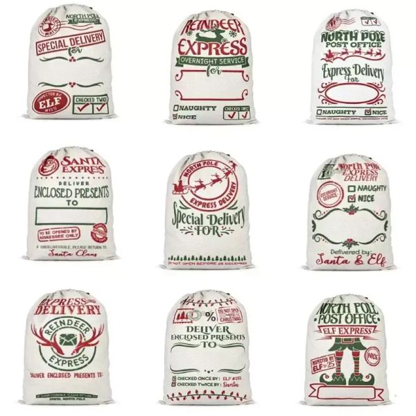 New Santa Sack Bags Decorazione natalizia Sacchetto di stoffa con coulisse in lino Sacchetto regalo 12 stili 0712