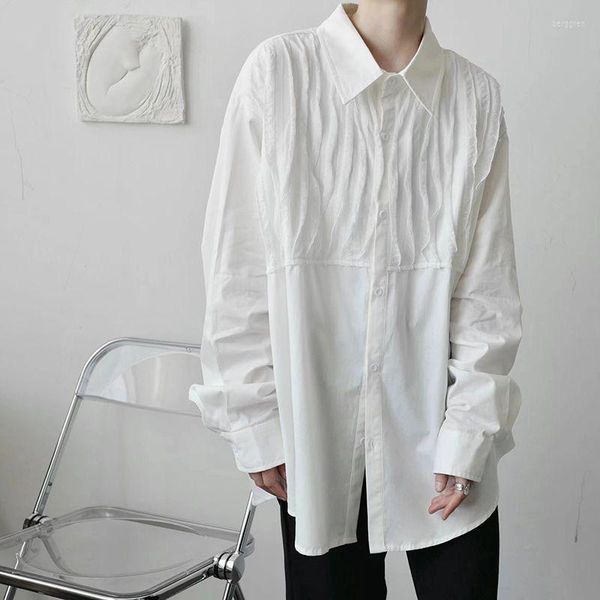 Damenblusen SuperAen Niche Plissiertes, gestreiftes Patchwork-Hemd für Frauen, koreanisches Design, drapiert, Übergröße, Weiß