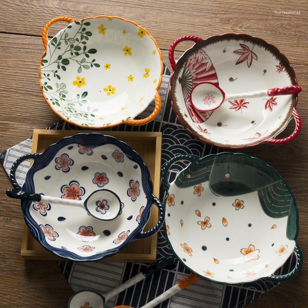 Tigelas Tigela Cerâmica Quatro Estações Flor Série Sopa Orelha Dupla Utensílios de Mesa de Porcelana Doméstica Ramen