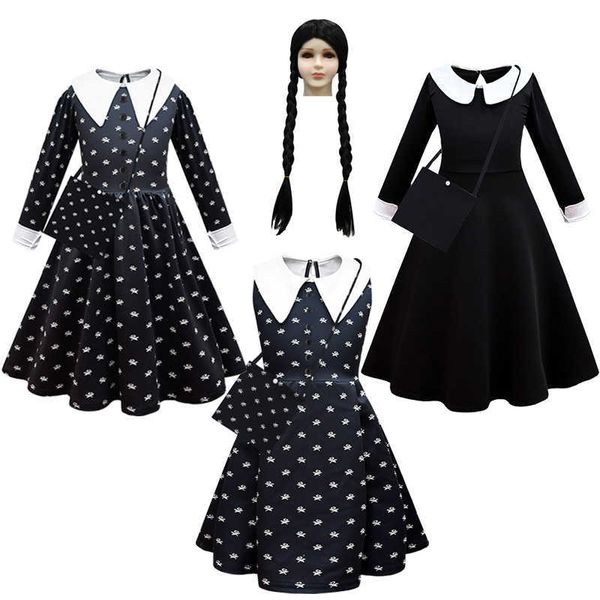 Abiti da ragazza Moda Bambini Film Mercoledì Addams Cosplay Vestito da principessa e borsa per parrucche Set Ragazza Costume di Halloween Carnevale Abiti neri goticiHKD230712