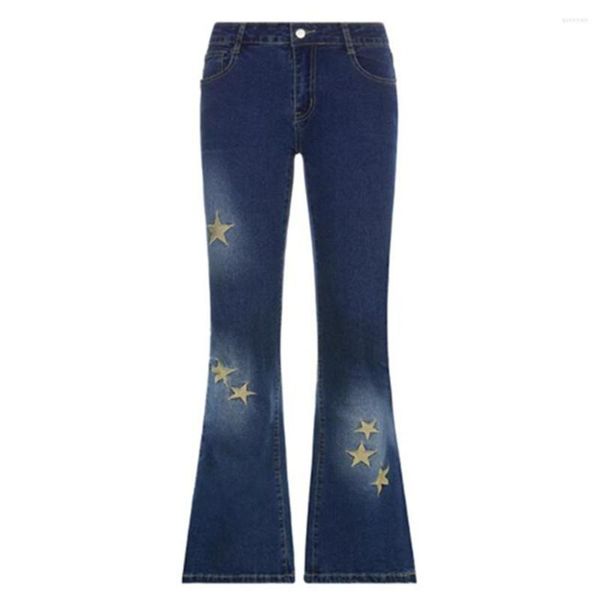 Jeans Feminino Feminino Estilo Coreano Y2k Grunge Fairycore Vintage Star Calças Flare de Baixo Riso Calças Jeans Capris