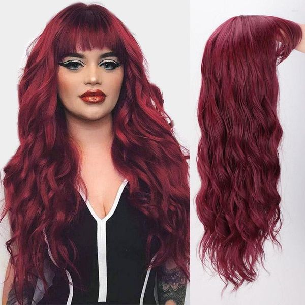 Perucas Sintéticas I's A Wig Water Wave Long Red Cosplay Com Franja Para Mulheres Rosa Marrom Preto Cabelo Falso Resistente ao Calor