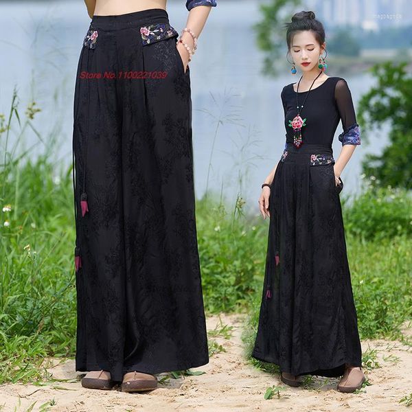 Ethnische Kleidung 2023 Chinesische Vintage-Blumen-gestickte Hosen Frauen Traditionelle breite Beinhosen Nationale elastische Taille Satin Jacquard