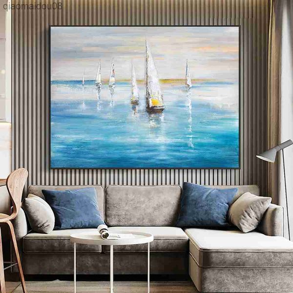 Yiqing barco à vela na pintura do mar 100% pintado à mão pintura a óleo moderna abstrata lona arte da parede para decoração de casa l230704