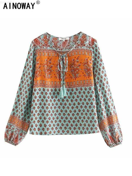 Damenblusen, Hemden, Vintage-Chic, Damen-Rayon-Baumwolle, Strandgrün, Blumendruck, böhmische Blusenhemd, Damen-Flare-Ärmel, lose Boho-Blusas, L230712