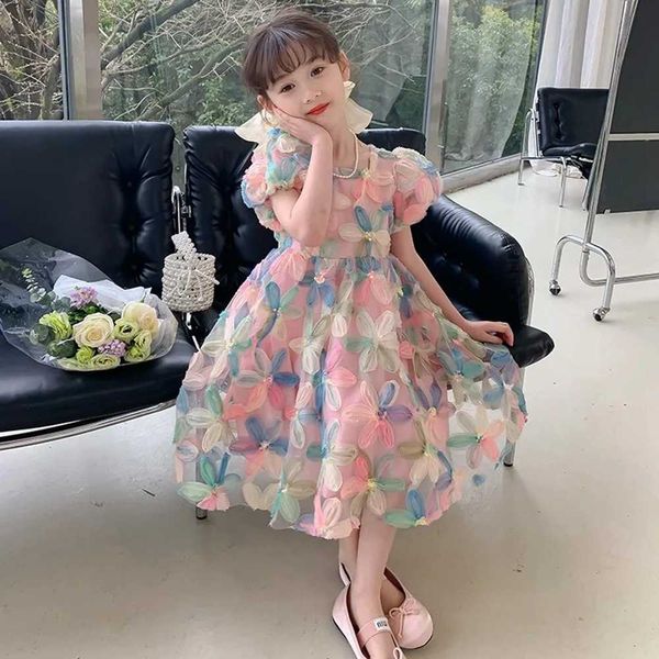 Abiti da ragazza Summer Girls Flower Princess Dress con Big Bow Kids Cute Puff Abiti a maniche corte per ragazze Abbigliamento coreano Bambini Dress 6 8HKD230712