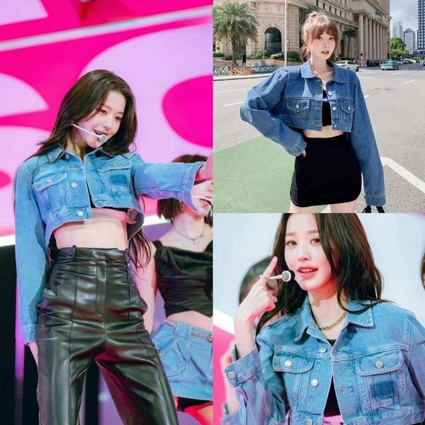 Damenjacken Kpop IVE Jang Won Junge Damenmode Streetwear Herbst Blau Lose Einreiher Jeansjacke Mädchen Vintage Kurzmäntel