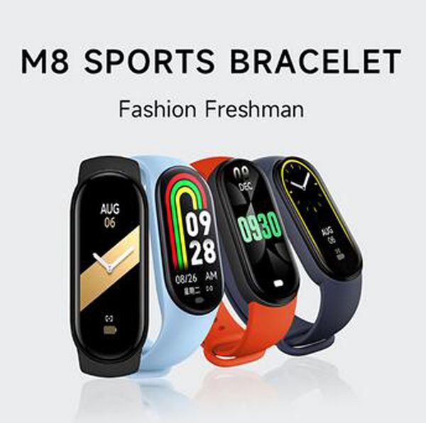 M8 Sport Smart Armband Fitness Tracker Uhren Übungsring Herzfrequenz Blutsauerstoffüberwachung Pro Anruferinnerung Smartwatch Armband in Einzelhandelsverpackung DHL