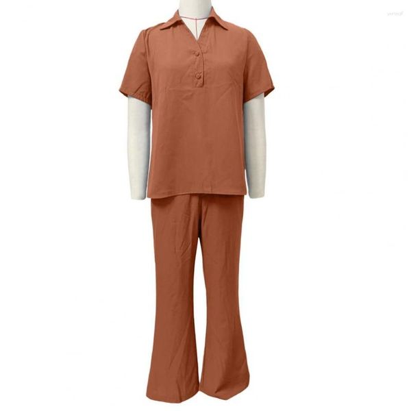 Pantaloni a due pezzi da donna 2 pezzi/set Set da salotto da donna Maniche corte Colletto rovesciato Bottoni Tasche della camicia Vita alta Parte superiore di base Gamba larga Donna