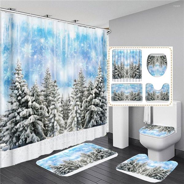 Cortinas de chuveiro Árvores Cenário Snowscape Conjuntos de cortinas de Natal Tapetes antiderrapantes Cobertura de tampa de vaso sanitário e tapete de banho Banheiro à prova d'água