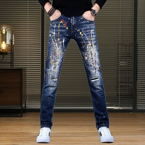 Men's Jeans Korea Version Mens High Quality AnkleLength Sexy Ripped Slim Mess Painting Print Stylish Street Jeans; 230711