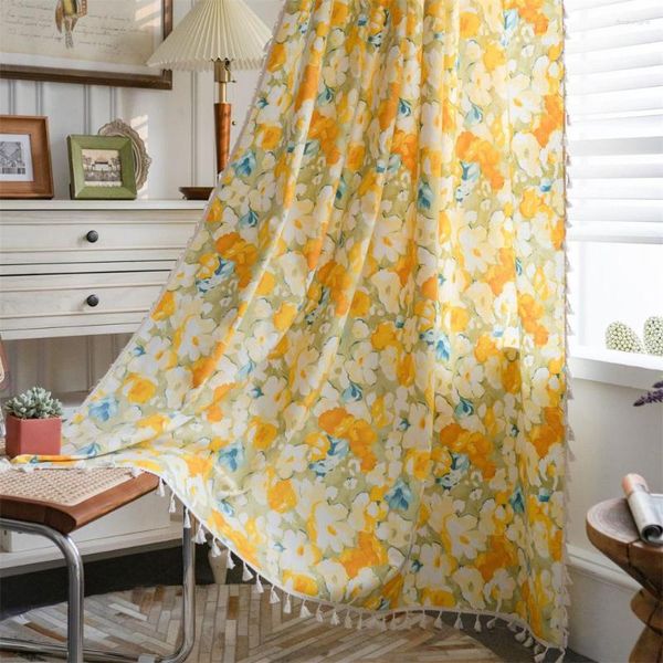 Cortina pastoral de linho de algodão estampa floral amarela para sala de estar cozinha acabada bay window semi blackout
