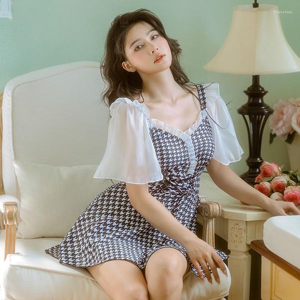 Damenbadebekleidung Einteiliger Anzug 2023 Badeanzug Frauen Koreanisches Plaid Plus Size Kurze Puffärmel Badekleid Frühlingskleidung