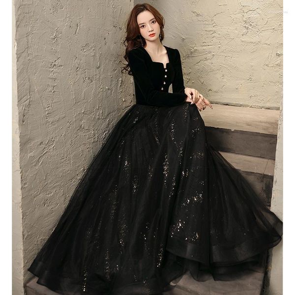 Abiti da festa Abito lungo da sera in tulle con paillettes a maniche lunghe con colletto quadrato da sera nero semplice Abiti da cerimonia da donna con lacci