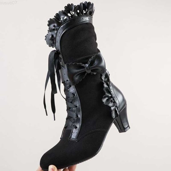 Stiefel Brandneu, große Größe 43, süße Schleife, Rüschen, High Heels, Schnürsenkel, Gothic-Lolita-Stil, mittlere Wadenstiefel, Schnürung, schwarze Damenschuhe, L230712