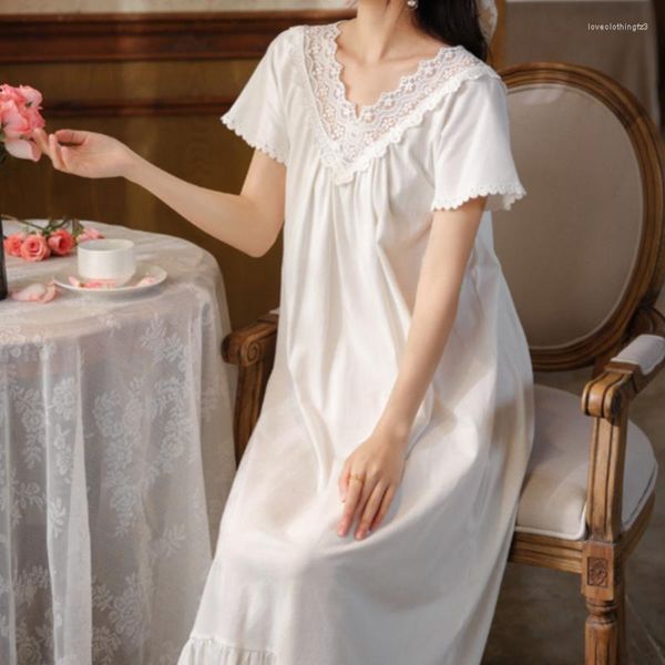 Roupa de dormir feminina vitoriana vestido de noite de algodão branco rendada manga curta longa peignoir camisola vintage romântica princesa